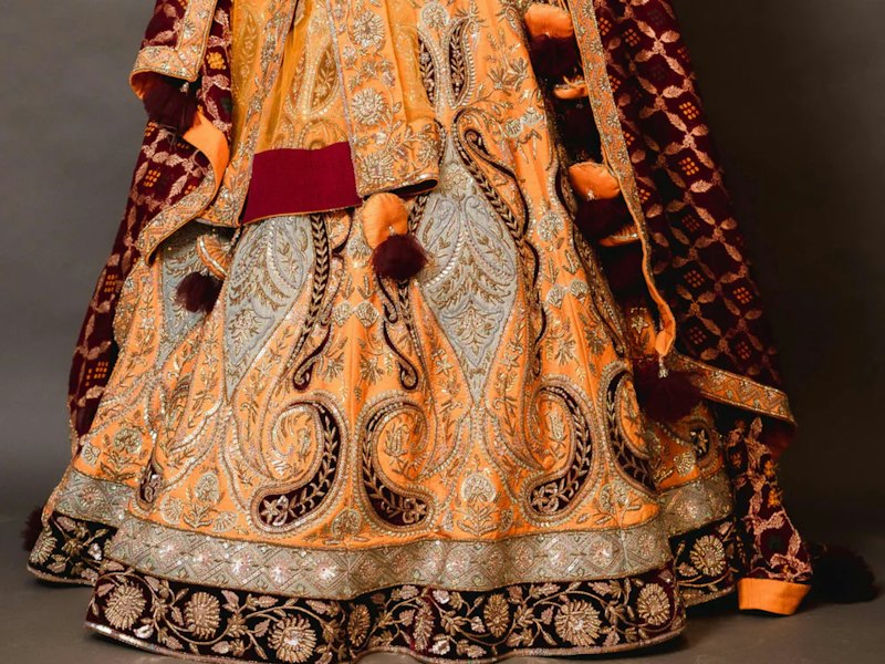 Orange and maroon embroidered lehenga